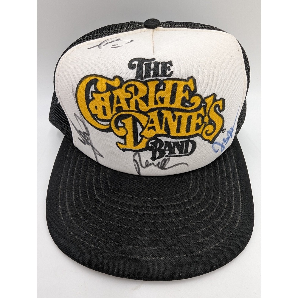 Vintage 80s SIGNED The Charlie Daniels Band Snapback Hat Cap Trucker Black White